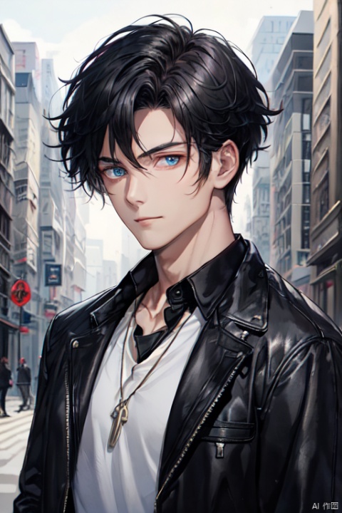1boy, male focus, jacket, dragon, black hair, black jacket, shirt, eastern dragon, looking at viewer, jewelry, pants, open jacket, black pants, glowing, open clothes, glowing eyes, necklace, white shirt, dog tags, watch, closed mouth, hand in pocket, solo, short hair, outdoors, blue eyes, cowboy shot
