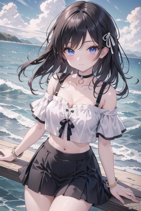 (cowboy_shot), (Good structure), DSLR Quality,Depth of field ,looking_at_viewer,Dynamic pose, , kind smile,, ,Short skirt,Blue sky, white clouds, ocean, nai3, 1girl, solo, crop top, , choker, navel, shirt, midriff, crop top overhang, looking at viewer, white shirt, jewelry, breasts, bare shoulders, off-shoulder shirt, off shoulder, black choker, thighs, stomach, long hair, bracelet, short sleeves, ribbon, hand up, collarbone, hair ribbon, medium breasts, , bra strap, , hair ornament, thigh gap, necklace, expressionless,
