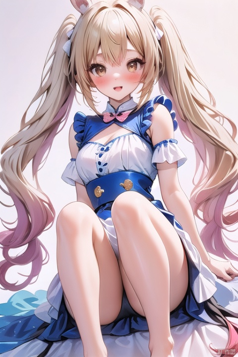 1girl, solo, long hair, looking at viewer, blush, smile, open mouth, bangs, blonde hair, simple background, hair ornament, white background, dress, bow, animal ears, bare shoulders, twintails, brown eyes, very long hair, full body, yellow eyes, :d, hair bow, barefoot, star \(symbol\), white dress, rabbit ears, low twintails, 