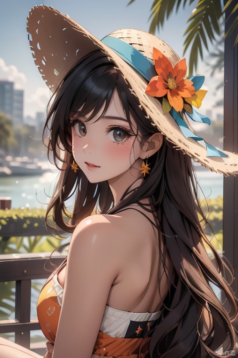 A stunning, ultra-detailed portrait of a solo, multi-hued hair girl, Poakl GGll Girl, in a bright, sunlit setting. She wears a straw hat adorned with flowers and a jewelry-encrusted hairclip, her long bangs framing her striking features. Her eyes, with orange-tinted eyewear, sparkle as she gazes directly at the viewer. A cup and ring sit nearby, surrounded by seashells and starfish. Her multicolored locks cascade down her back, complemented by a black and brown hair clip adorned with a shell ornament. Vibrant red, yellow, and orange flowers peek out from beneath her hat, adding a pop of color to the scene. The subject's English text-patterned dress flows effortlessly, as if blown by an ocean breeze. A drinking straw rests beside her, adding a playful touch to this whimsical, high-res masterpiece.