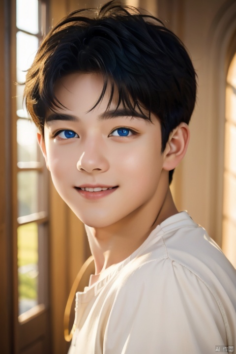 A masterpiece of a boy, captured in stunning clarity with super detail and exceptional quality. The shot frames him against a soft, blurred background, with warm golden light dancing across his face and shoulders. His bright blue eyes sparkle as he looks directly into the camera, his smile radiating confidence and charm.