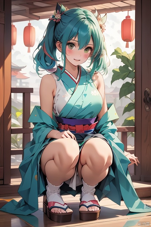 1girl, blue japanese clothes, kasumi, large breasts, full body, blue hair, short twintails, skirt, green background, shinto, breasts, paddle, playing games, arcade cabinet, shichi-go-san, socks, white socks, detached sleeves, wardrobe malfunction, solo, twintails, wide sleeves, holding stylus, green hair, medium hair, green kimono, japanese armor, smile, armor, sandals, kimono, zouri, long sleeves, green sleeves, brown eyes, squatting, green haori, closed mouth, sweat, grey kimono, hair between eyes, japanese clothes, kurokote, hakama, kimono pull, tabi, multicolored hair, bare shoulders, chinese lantern \(plant\), gradient hair, hakama skirt, holding, green footwear, looking at viewer, floral print