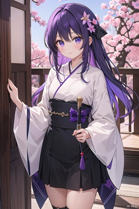 1girl, purple hair, dark purple hair, purple clip on hair, wearing Japanese clothes, Japanese clothes, purple and white Japanese clothes, holding a sword, holding a purple shiny sword, glowing purple sword, Japanese type sword, background charry blossom trees, beautiful pinkish charry blossom trees, dark purple sky, look at the view, lora:more_details:0.5, vibrant colors, masterpiece, sharp focus, best quality, depth of field, cinematic lighting, 