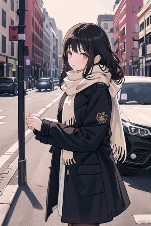 1girl, solo, long hair, black hair, long sleeves, dress, jacket, solo focus, scarf, lips, coat, sleeves past wrists, hands up, ground vehicle, Clothing design, dreampaperpaper,illustration, Purity Portait
