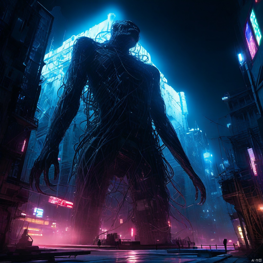 A darkened cityscape at night, neon lights slicing through the shadows like shards of glass. A towering concrete wall rises from the urban canvas, a behemoth-like figure sprawled across its face. The entity's ethereal form is ensnared by twisted metal and wires, like a mystical being trapped in a mechanical cage. Machinery hums in the background, its pulsing rhythm harmonizing with the city's frenetic energy as this surreal tableau unfolds.