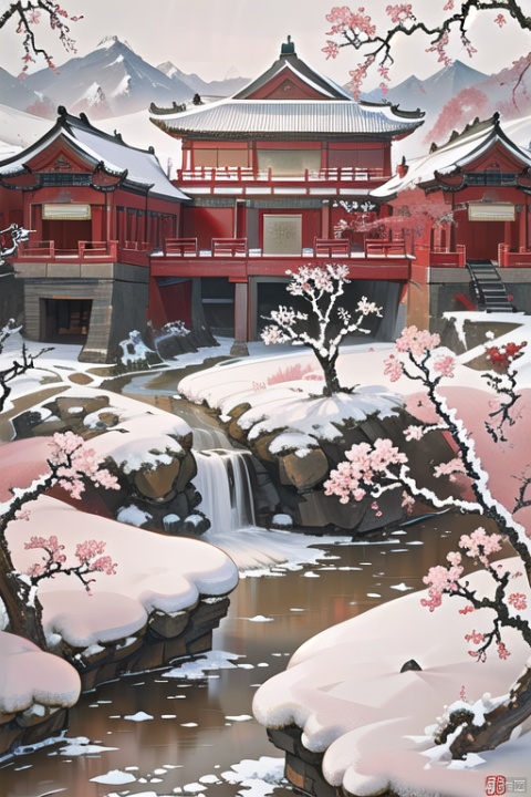 Oil painting,Landscape close-up,Ancient China,gugong,vermilion,wall,plum blossom,winter,snow,realism,depth,negative space,yueliangmen,CNInk,library,cnss