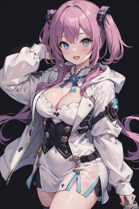 masterpiece,best quality, highly detailed, ***** neptune,1girl,blush,solo,looking at viewer,d-pad hair ornament,open mouth,smile,hooded jacket,medium breasts,cleavage,simple background,white background,