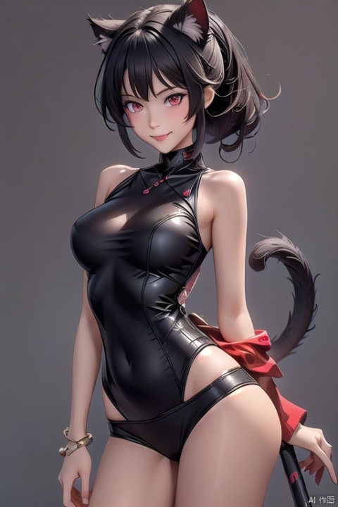 (kbxll:1.2), 1girl,loli,solo,smile,:p,black_hair,pony_tail,tan_skin,red_eyes,cyber_cat_tails,simple background,