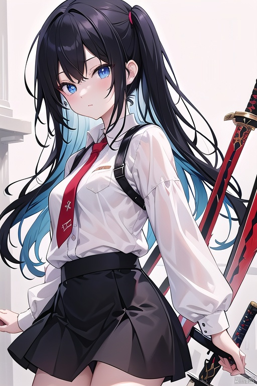 masterpiece,best quality,high quality,(colorful),[Artist onineko],[Artist chen bin],[Artist agwing86],Artist xukong, 1girl, solo, weapon, long hair, blue eyes, holding weapon, sword, holding, holding sword, looking at viewer, black hair, skirt, shirt, white shirt, long sleeves, gears
