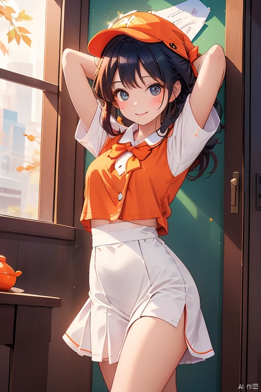 A bright orange background fills the frame as a young girl, dressed in her school uniform, beams with a warm smile. She stands confidently against the vibrant hue, her eyes shining with joy and her hair styled neatly beneath her cap.