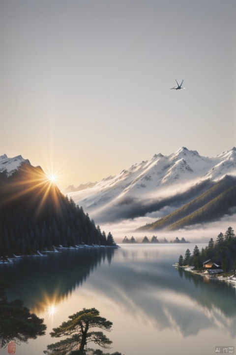 (ultra detailed, High quality ,best quality, High precision, Fine luster, UHD, 16k), (official art, masterpiece, illustration), A landscape painting with a lake, pine trees and a sunset, thick fog, with clear new pop illustrations, (large area of white space, one-third composition: 1.3), minimalist world, beige gray, Chinese Jiangnan scenery, digital printing, lake and mountain scenery, sunset and solitary crane flying together, , cnss, FANTASY