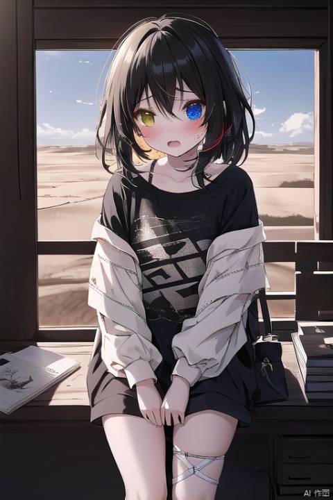 A distraught young girl with pale skin and slender features sits alone on a dusty, sun-baked plain in a cowboy-shot composition. Her messy black hair frames her tear-streaked face, showcasing heterochromia in her eyes that remain open as she cries. A small nose and delicate features are accentuated by anime-style blush. Dirty clothes and a bandaid on her knee add to the scene's realism. The focus is tight, with the girl's petite form occupying most of the frame, as if seen through a telescope. The artbook quality image boasts an impressive filesize, making it a stunning addition to any collection.