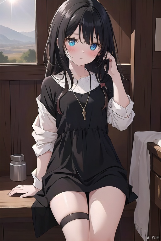 A distraught young girl with pale skin and slender features sits alone on a dusty, sun-baked plain in a cowboy-shot composition. Her messy black hair frames her tear-streaked face, showcasing heterochromia in her eyes that remain open as she cries. A small nose and delicate features are accentuated by anime-style blush. Dirty clothes and a bandaid on her knee add to the scene's realism. The focus is tight, with the girl's petite form occupying most of the frame, as if seen through a telescope. The artbook quality image boasts an impressive filesize, making it a stunning addition to any collection.