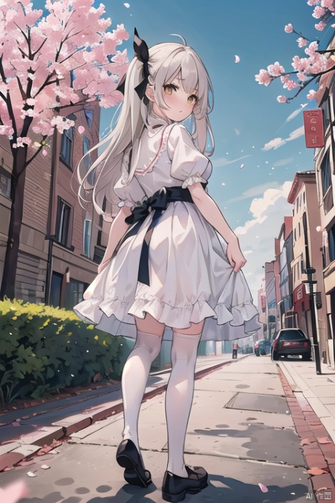 masterpiece,best quality,high quality,loli,1girl, solo, long hair, looking at viewer, blush, bangs, thighhighs, dress, ribbon, brown eyes, very long hair, closed mouth, standing, full body, yellow eyes, white hair, short sleeves, outdoors, sky,no shoes, day, puffy sleeves, looking back, cloud, from behind, white dress, white thighhighs, red ribbon, tree, blue sky, puffy short sleeves, petals, cherry blossoms, skirt hold,
