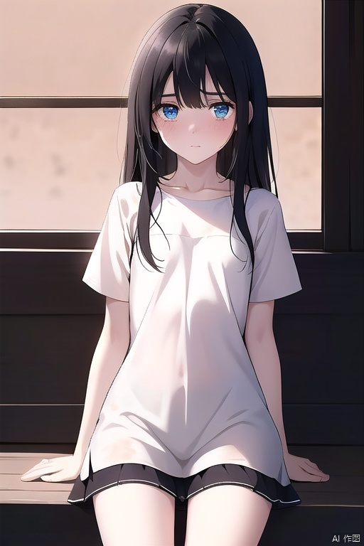 A distraught young girl with pale skin and slender features sits alone on a dusty, sun-baked plain in a cowboy-shot composition. Her messy black hair frames her tear-streaked face, showcasing heterochromia in her eyes that remain open as she cries. A small nose and delicate features are accentuated by anime-style blush. Dirty clothes and a bandaid on her knee add to the scene's realism. The focus is tight, with the girl's petite form occupying most of the frame, as if seen through a telescope. The artbook quality image boasts an impressive filesize, making it a stunning addition to any collection.