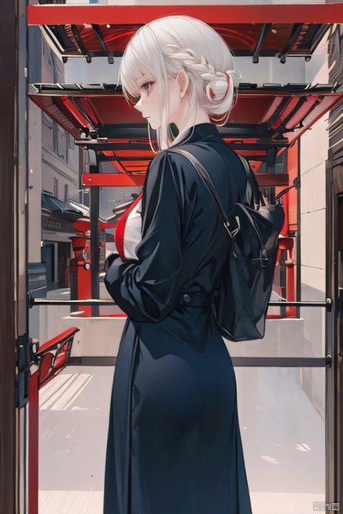 masterpiece, best quality, as7033, baiwe7033 style, The image portrays a figure with long, white hair that flows dynamically across the frame. Their attire appears to be a sleek, black outfit with hints of red, giving off an edgy, urban feel. The figure's posture is turned slightly towards the viewer, revealing more of their profile and back, In the background, there is an abstract cityscape illuminated in shades of crimson and scarlet. Digital or neon elements intermingle with traditional architecture, suggesting a futuristic metropolis. There are also Asian characters visible on signs, adding a cultural layer to the setting, The overall atmosphere is intense and somewhat ominous, heightened by the dramatic lighting and color scheme. The use of shadow and highlights adds depth and dimension to the character and the environment., MSI\(Monon\)
