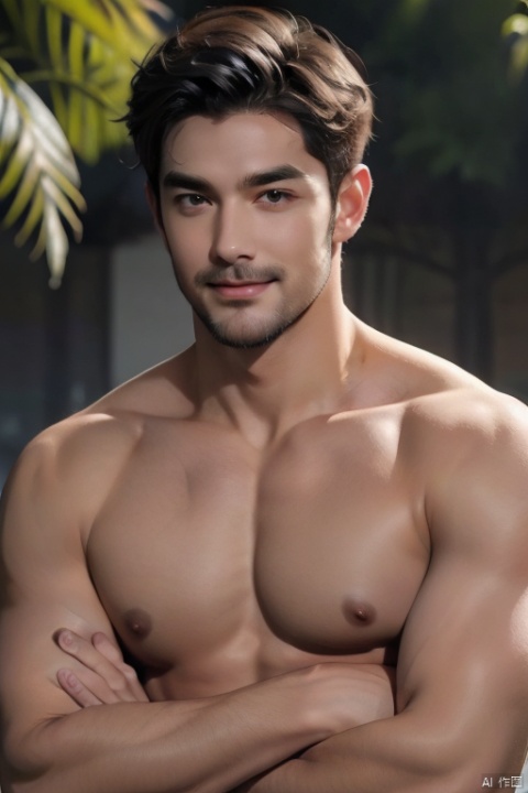 1boy, male focus, solo, facial hair, muscular, pectorals, muscular male, ring, jewelry, smile, bara, nipples, crossed arms, upper body, short hair, realistic, black hair, looking at viewer, nude, beard, large pectorals, chest hair, mature male