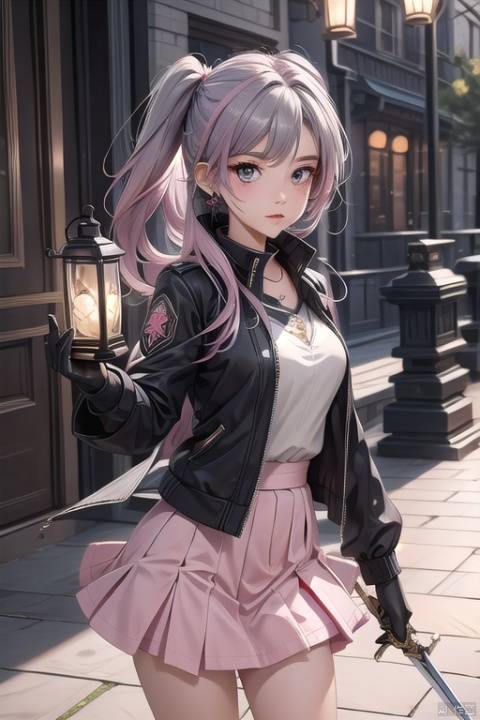 best quality, masterpiece, 1girl, solo, irene \(arknights\), gloves, scar across eye, black gloves, long hair, lantern, holding, scar, weapon, grey hair, sword, scar on face, grey eyes, parted lips, looking at viewer, holding lantern, head wings, long sleeves, jacket, black jacket, earrings, pink hair, jewelry, skirt