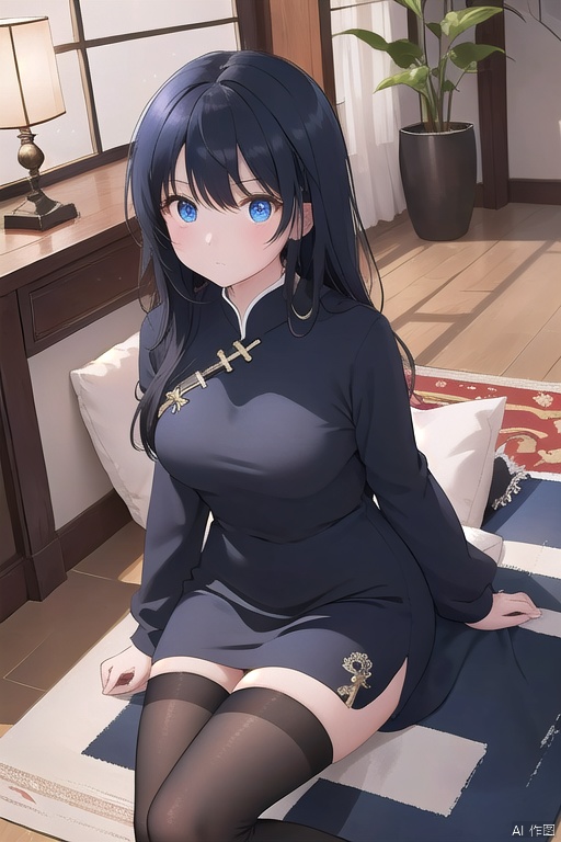 A young girl, MMN, sits cross-legged on a traditional Chinese rug, surrounded by an explosion of ink scattering in shades of klein blue. Her dark hair falls freely around her face as she gazes contemplatively into the swirling ink patterns. The soft, warm lighting accentuates her serene expression, as if lost in thought amidst the artistic chaos.