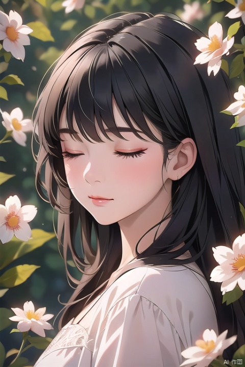 1girl, solo,black hair,closed mouth,closed eyes,flower,eyelashes, makeup, 