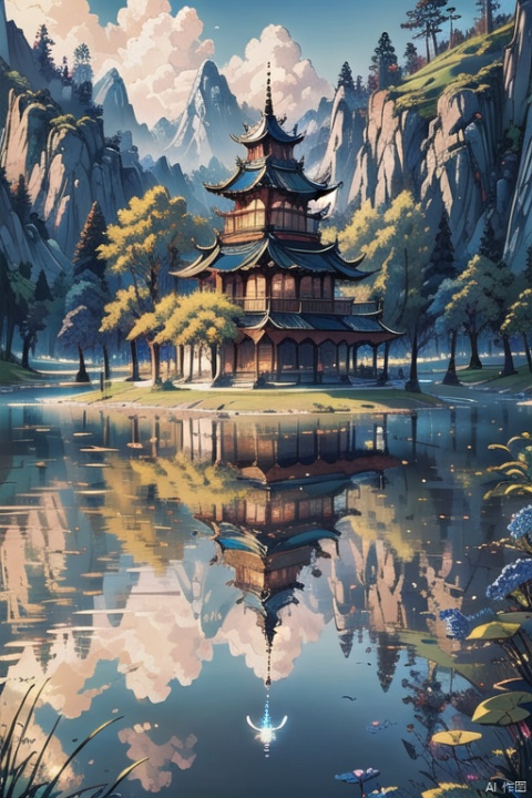 blue sky, Fantasy Park ,Lakes, (wonderland:1 ), Adequate sunlight,reflection, true light and shadow, perfect lighting, no humans,Realistic, Overlooking, Representative,boutique, Masterpiece, Intricate, High Quality, Best Quality, Ultra HD,high res, Full Detail, ,Authenticity, Take photos, ﻿,动漫