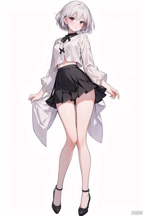 1girl,wsfz-021,white hair,short hair,streaked hair,white blouse,black pleated skirt,cutout above navel,lace,simple background,huge filesize,(full body:1.5),(leg up:1.1),gradient color pantyhose, 