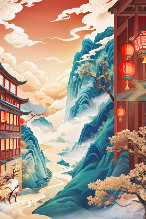 In the old room of an ancient Chinese building, there is a large window with broken wooden frames and peeling wallpaper on its walls. Outside tall cliffs stand in autumn scenery, surrounded by colorful trees, with clouds floating above them. The mist envelops distant mountains, creating a dreamy atmosphere. This scene was captured through photography using Nikon D850 cameras, with high resolution and color quality, in the style of Chinese landscape paintings.
