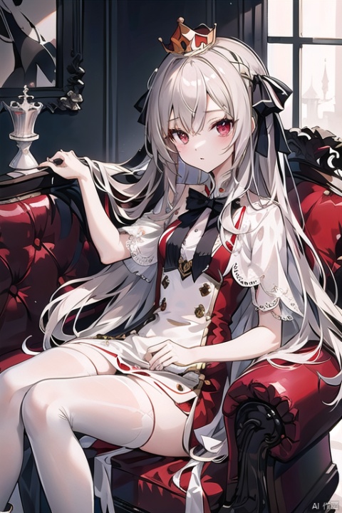 line art,line style,as style,best quality,masterpiece, A girl with long hair wearing a small crown,a red long dress,white stockings,and black short boots,sitting on an international chess style sofa,chess style,
,鏃�