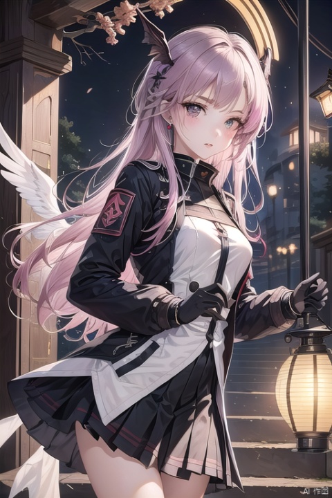 best quality, masterpiece, 1girl, solo, irene \(arknights\), gloves, scar across eye, black gloves, long hair, lantern, holding, scar, weapon, grey hair, sword, scar on face, grey eyes, parted lips, looking at viewer, holding lantern, head wings, long sleeves, jacket, black jacket, earrings, pink hair, jewelry, skirt