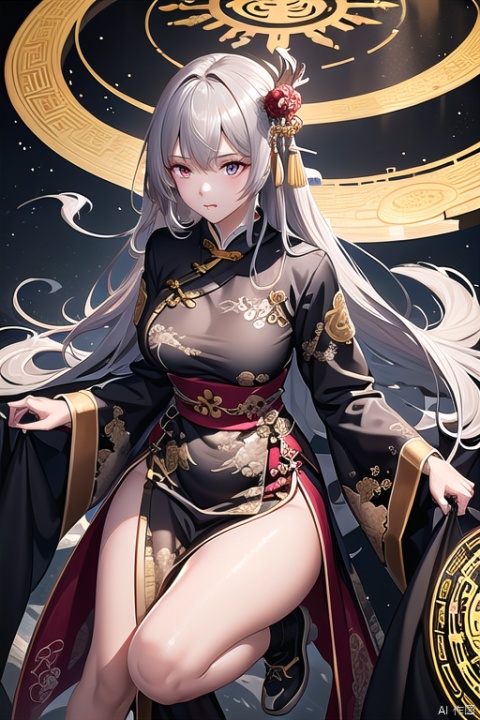 (masterpiece), (best quality),(highly detailed), (ultra-detailed),illustration,(extremely detailed CG unity 8k wallpaper),on_wilderness,1girl,Taoist, chinese_clothes,(((Chinese Traditional costumes))),darkgray_cape, khaki_((cloth))_boots,white_cloth_shoes,long_sleeves,long_cape, floating_hair, (golden Auspicious Clouds patterns on gray Taoist robe),swept_bangs,white_straight_hair,very_long_hair, looking_at_viewer,cool,cold_eyes,detailed_face,detailed_eyes,medium_breasts,floating, floating on Magic Circle,the magic circle with Eight-Diagram tactics,