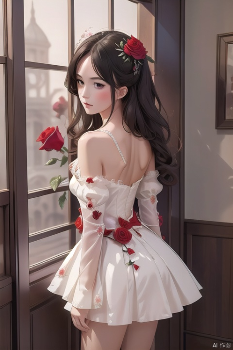 1girl, solo, dress, bare shoulders, collarbone, flower, rose, bug, red flower, red rose, (in style of Alexander McQueen:1.1), beautiful details (masterpiece,best quality:1.4),
