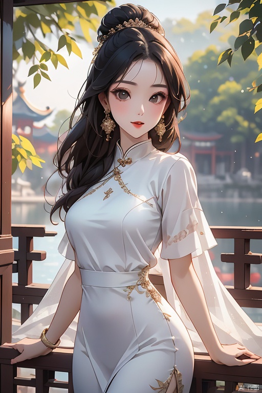 A stunning Chinese woman stands confidently outdoors, surrounded by lush greenery and the subtle blur of a tree in the background. She wears a elegant white dress with short sleeves, adorned with intricate jewelry, including dangling earrings and a statement bracelet. Her raven-black hair is styled in a sleek bun, framing her striking features. Her bright red lips are painted into a subtle pout as she gazes directly at the viewer. The warm sunlight casts a gentle glow on her porcelain complexion, highlighting her delicate features. In the distance, the majestic architecture of ancient China's structures subtly complements her regal presence.