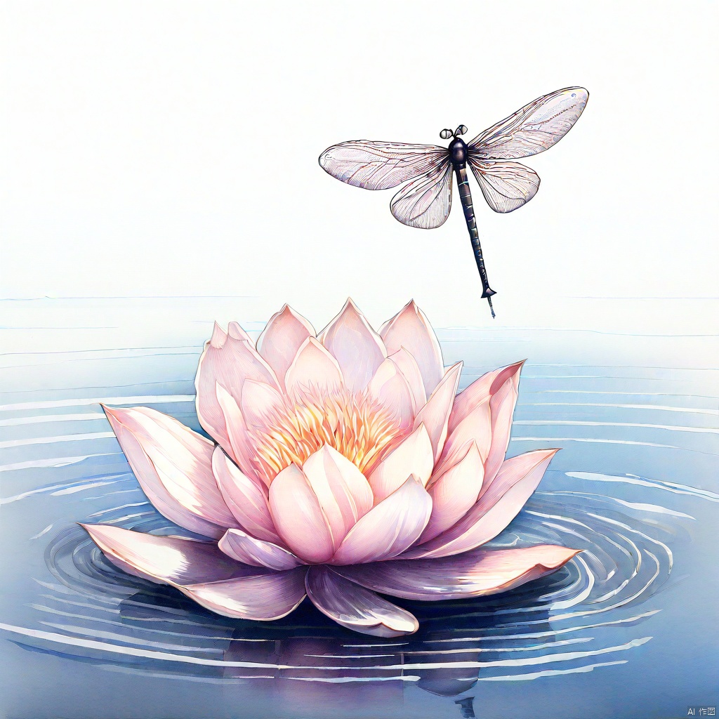 A serene lotus bloom stands upright in a shallow pool of water, its delicate petals unfolding like nature's own work of art. A dragonfly perches delicately on the lotus stem, its iridescent wings glowing softly in the subtle light that ripples through the water's surface. The surrounding air is filled with a gentle, wispy halo of moisture, as if the very essence of the water has taken flight. Minimalist brushstrokes of dark ink define the outlines of the lotus and dragonfly, allowing the viewer to fill in the negative space with their own imagination.