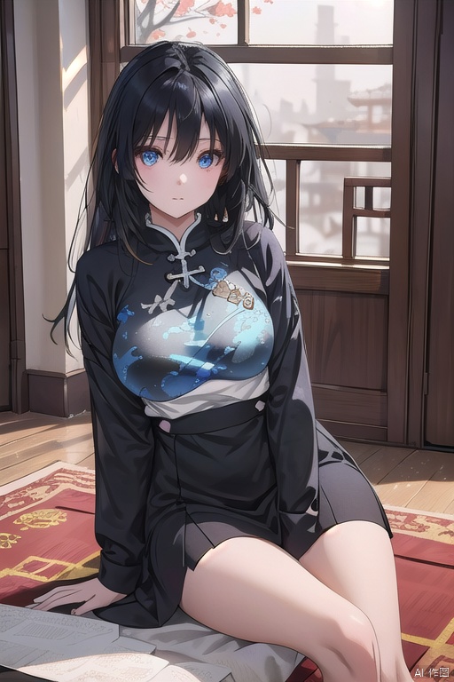 A young girl, MMN, sits cross-legged on a traditional Chinese rug, surrounded by an explosion of ink scattering in shades of klein blue. Her dark hair falls freely around her face as she gazes contemplatively into the swirling ink patterns. The soft, warm lighting accentuates her serene expression, as if lost in thought amidst the artistic chaos.