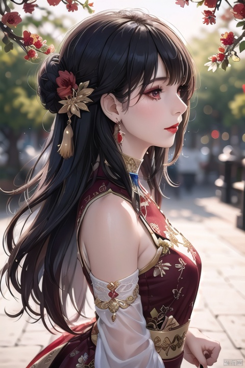  1girl, solo, long hair, black hair, hair ornament, jewelry, closed mouth, upper body, flower, earrings, blurry, from side, eyelashes, profile, makeup, red background, chinese clothes,  red flower, tassel, branch, red lips, tassel earrings, guoflinke