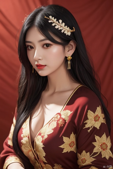 1girl, solo, long hair, black hair, hair accessories, jewelry, closed mouth, upper body, flowers, earrings, blur, side, eyelashes, side, makeup, red background, Chinese costume, red flowers, fringe, branch, red lips, fringe earrings, fruit grain, no hand, very beautiful, masterpiece, best quality, super detail, animation style, key vision, 1 girl
,depth of field