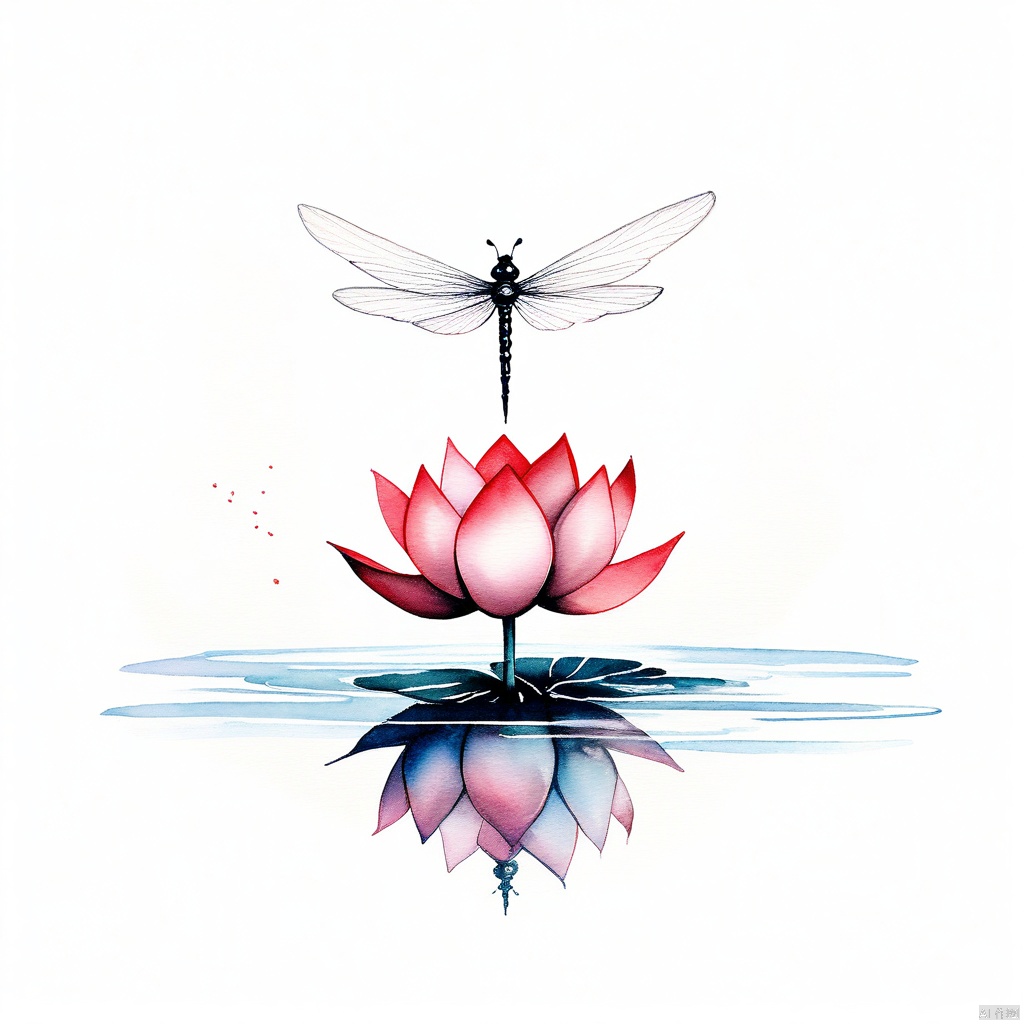 Lotus, Dragonfly /(standing on lotus)/), water halo, minimalist ink painting