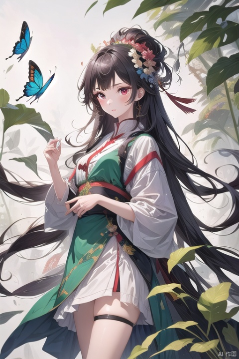 1 girl, surrounded by big leaf plants, wearing flower accessories, (Old-growth forest), (long hair) puberty, young girl, bright outline,Butterfly Dance, surrealistic,tuyawang, senlin
