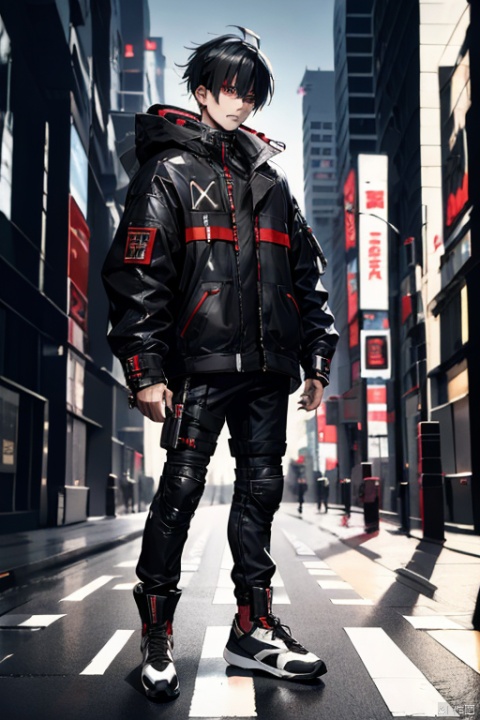 cyberpunk character, 1boy, red and black color scheme, , katana, urban outfit, sneakers, anime style,masterpiece,best quality,very aesthetic,absurdres,