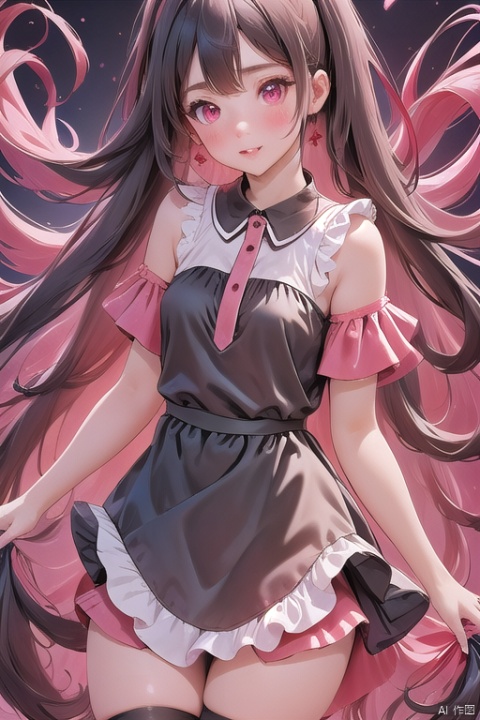 1girl, bare_shoulders, black_legwear, dress, frills, full_body, holding,  long_hair, looking_at_viewer, open_mouth, pantyhose, pink_hair, red_eyes, smile, solo, striped_legwear, very_long_hair,