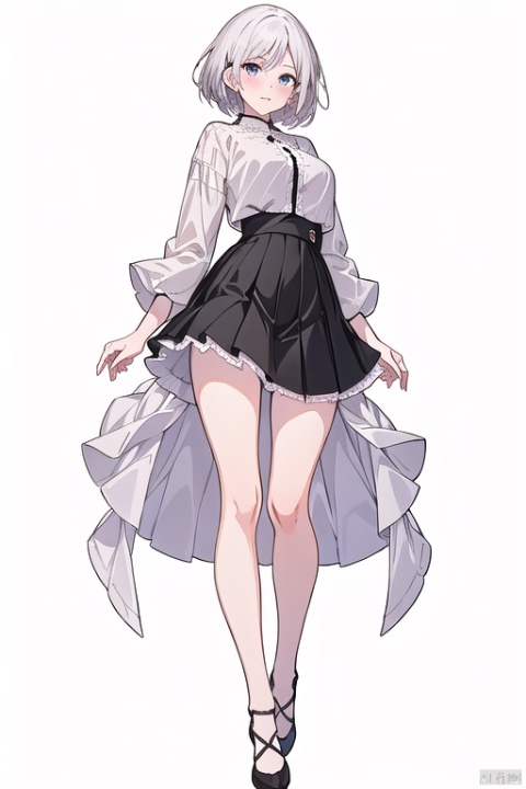 1girl,wsfz-021,white hair,short hair,streaked hair,white blouse,black pleated skirt,cutout above navel,lace,simple background,huge filesize,(full body:1.5),(leg up:1.1),gradient color pantyhose, 