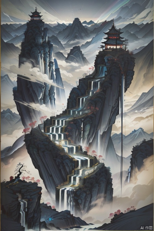 Chinese ink painting,lushan mountain,waterfall,sea of clouds,clear with a rainbow,lenticular,Masculine colors,Dark blue, gray, and black colors,Cowboy shot,by Wu Guanzhon,,dark fairy tale,,fflix_shards,,John Albert Bauer Style,by Alphonse Mucha,,FantacyWorld,,traditional media, 