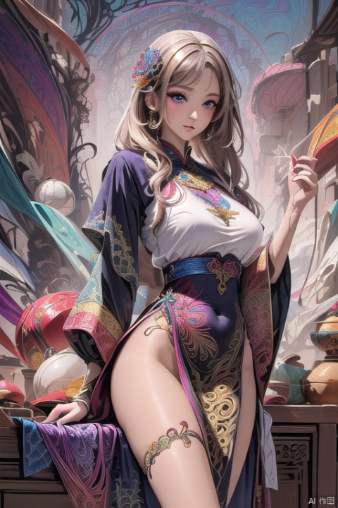 (masterpiece, top quality, best quality, official art, beautiful and aesthetic:1.2), (1girl:1.3), extremely detailed,(fractal art:1.2),colorful,highest detailed,(zentangle:1.2), (dynamic pose), (abstract background:1.5), (traditional korean dress:1.2), (shiny skin), (many colors:1.4), whole body, blonde hair, blue eyes, rainbowcolors, 1women, beautiful, stunning