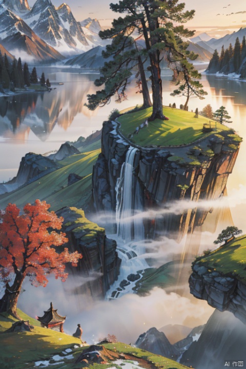  (ultra detailed, High quality ,best quality, High precision, Fine luster, UHD, 16k), (official art, masterpiece, illustration), A landscape painting with a lake, pine trees and a sunset, thick fog, with clear new pop illustrations, (large area of white space, one-third composition: 1.3), minimalist world, beige gray, Chinese Jiangnan scenery, digital printing, lake and mountain scenery, sunset and solitary crane flying together, cnss, 