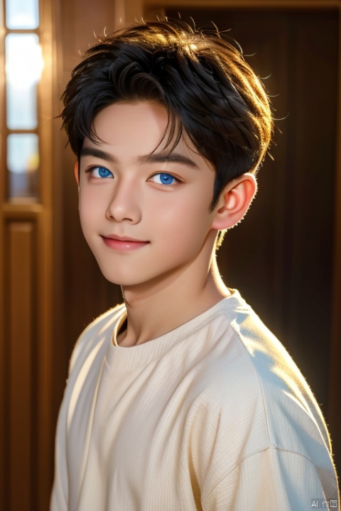 A masterpiece of a boy, captured in stunning clarity with super detail and exceptional quality. The shot frames him against a soft, blurred background, with warm golden light dancing across his face and shoulders. His bright blue eyes sparkle as he looks directly into the camera, his smile radiating confidence and charm.