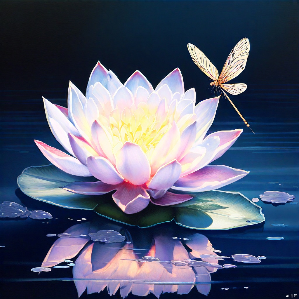 A serene lotus bloom stands upright in a shallow pool of water, its delicate petals unfolding like nature's own work of art. A dragonfly perches delicately on the lotus stem, its iridescent wings glowing softly in the subtle light that ripples through the water's surface. The surrounding air is filled with a gentle, wispy halo of moisture, as if the very essence of the water has taken flight. Minimalist brushstrokes of dark ink define the outlines of the lotus and dragonfly, allowing the viewer to fill in the negative space with their own imagination.