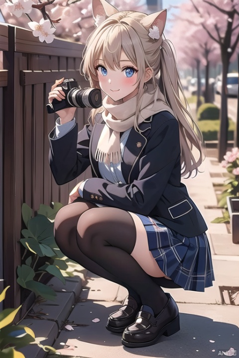 1girl, solo, long hair, looking at viewer, blush, smile, bangs, blue eyes, skirt, blonde hair, shirt, thighhighs, long sleeves, holding, closed mouth, school uniform, jacket, full body, white shirt, pleated skirt, shoes, black thighhighs, scarf, black footwear, zettai ryouiki, plaid, petals, animal, plaid skirt, squatting, blue jacket, cherry blossoms, loafers, brown skirt, rabbit, camera, blue scarf, plaid scarf, holding camera