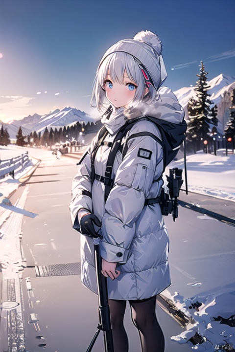  1girls, wearing a white ski suit, delicate face, natural expression, holding ski poles in one hand, exhaling in her mouth with the other, she looks cold, snow mountain scene, the upper half of the picture is the sky, the girl looks at the lens, full body photo, photo real, Kodak photography, film quality, 8K, solo, focus, depth of field, masterpiece, highest quality