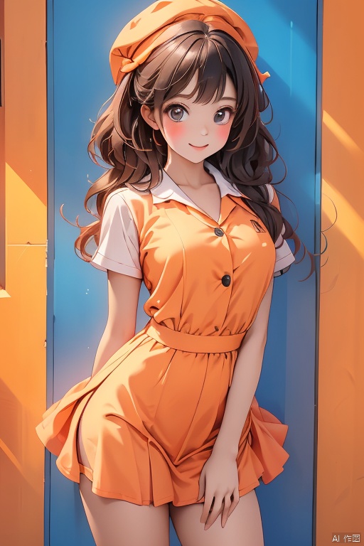 A bright orange background fills the frame as a young girl, dressed in her school uniform, beams with a warm smile. She stands confidently against the vibrant hue, her eyes shining with joy and her hair styled neatly beneath her cap.