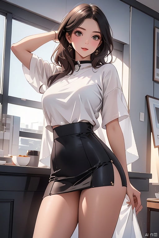Ultra-detailed masterpiece in stunning 8K resolution. A single girl stands tall, her super long legs stretching towards the horizon. Her integrated short skirt gleams with precision, complemented by an extremely detailed face and eyes that seem to sparkle. The professional studio lighting casts a warm glow on her porcelain skin, highlighting every curve and crease. This illustration is a true work of art, boasting an enormous filesize that reflects its level of intricacy.
